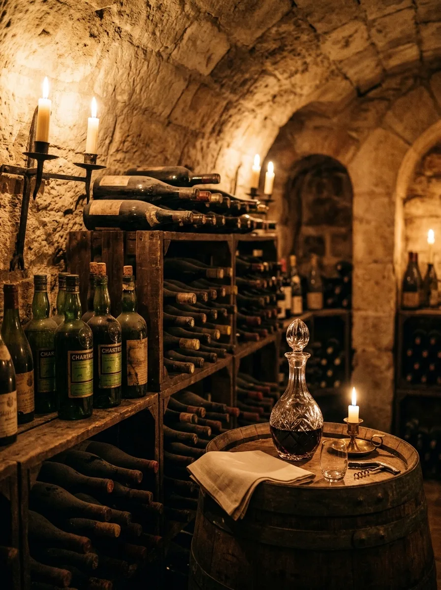 A candlelit stone cellar with old Burgundy bottles in wooden racks