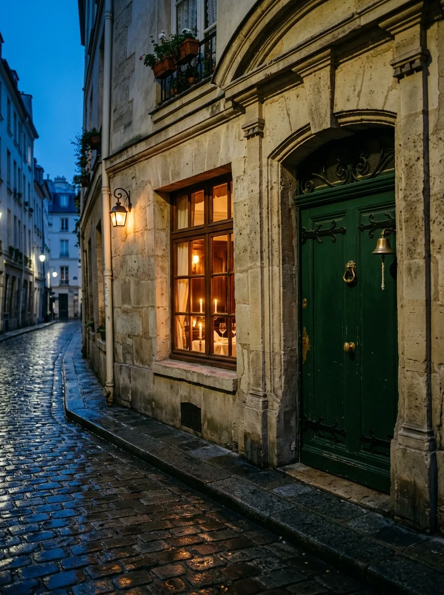 A heavy green door with a small brass bell on a cobbled lane at dusk