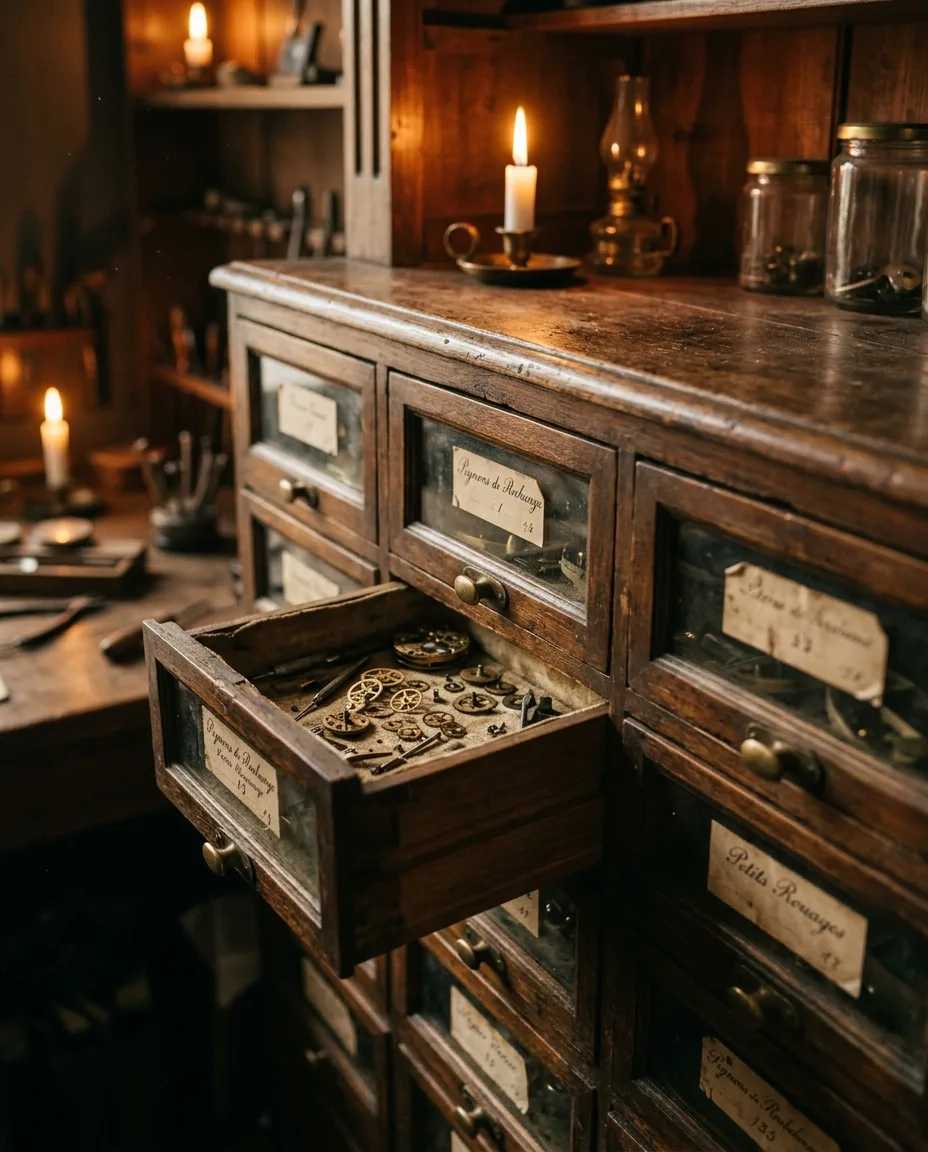 Émile's old glass-fronted drawers, one open to show tiny brass gears