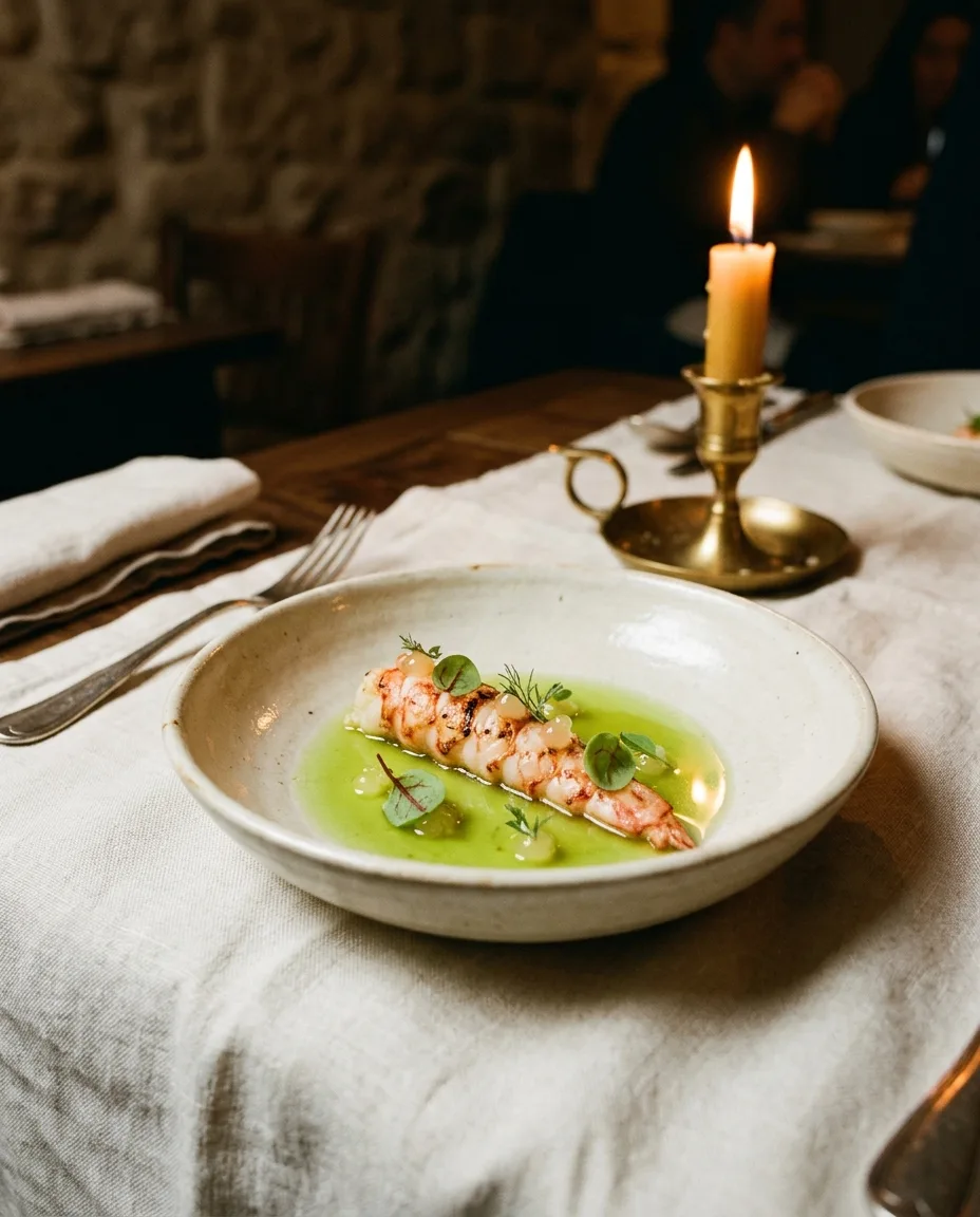 Seared langoustine in green apple consommé with yuzu pearls and sorrel