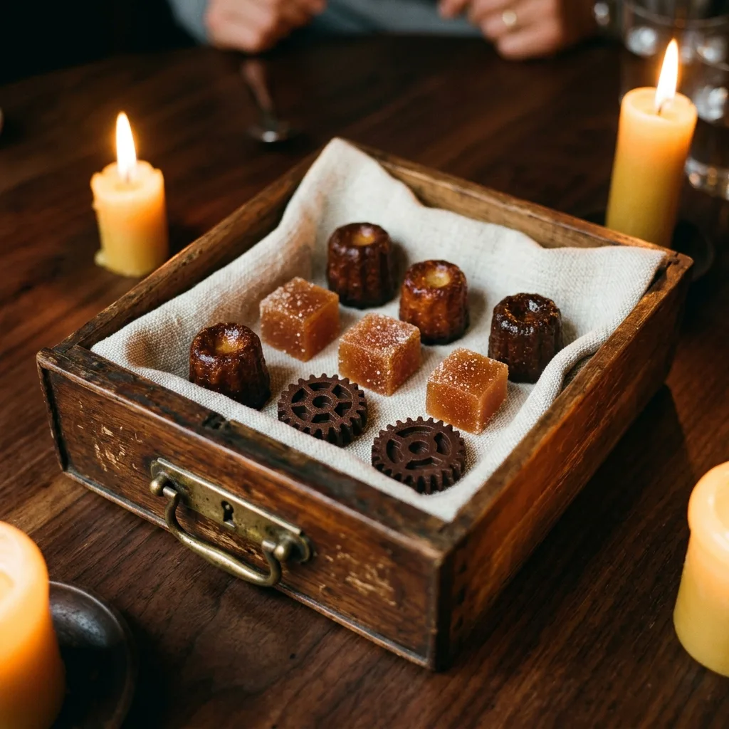 Quince paste, canelés and a chocolate cog served in an old clockmaker's drawer