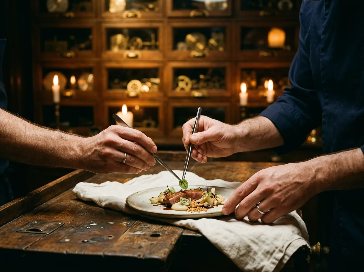 A chef's hands placing a sorrel leaf with tweezers on the old oak workbench that serves as the pass
