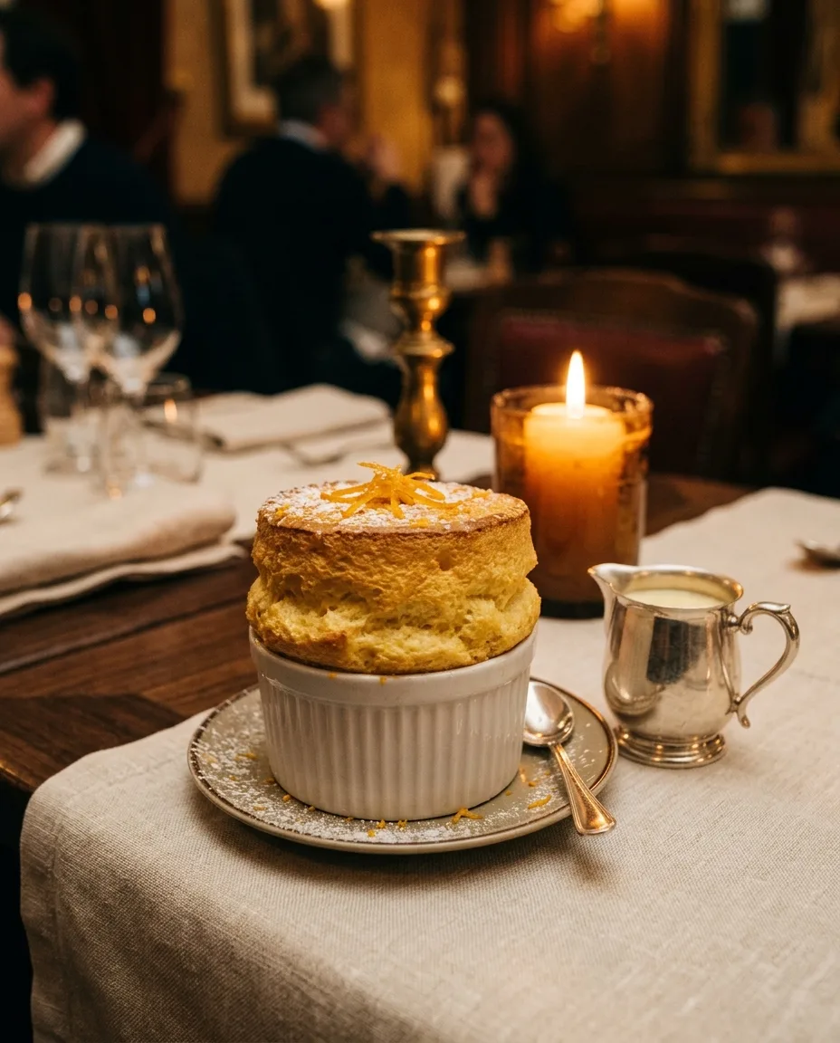 A tall Grand Marnier soufflé beside a jug of vanilla crème anglaise