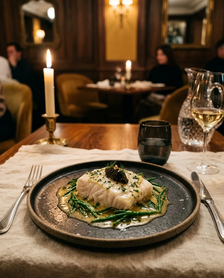Turbot with Champagne beurre blanc, salicornia and caviar